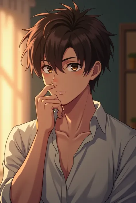 gender male
hair messy brown hair 
eyes hazel brown 
built hes of average height, with a lean build but fit. handsome face, calm exterior, anime style, cozy outfit