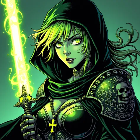 A mysterious female warrior illustrated in a Japanese manga comic style, featuring bold ink lines, dynamic shading, and dramatic contrasts. She wears a dark, hooded cloak adorned with intricate gothic designs, with her glowing neon-green hair flowing wildl...