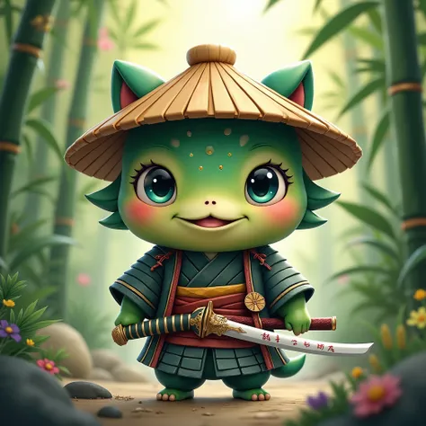 cute little fluffy furry japanese kappa, samurai costume, katakana sword, bamboo hat, 