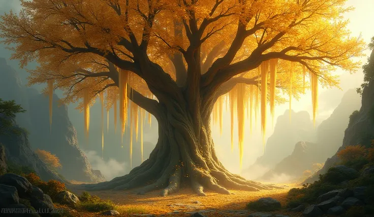 The mysterious tree with golden leaves and glowing roots.
Prompt:
"An ancient, mystical tree with golden leaves that sparkle in sunlight, roots dangling in mid-air, and glowing branches emitting a soft, magical light. The tree stands in a quiet, enchanted ...