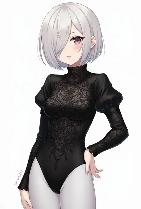 Character with short, silver-white hair styled with a side fringe covering one eye, dressed in a black fitted top with intricate lace-like patterns and puffed sleeves, paired with a white leotard-style bottom. The character has a strikingly beautiful face ...