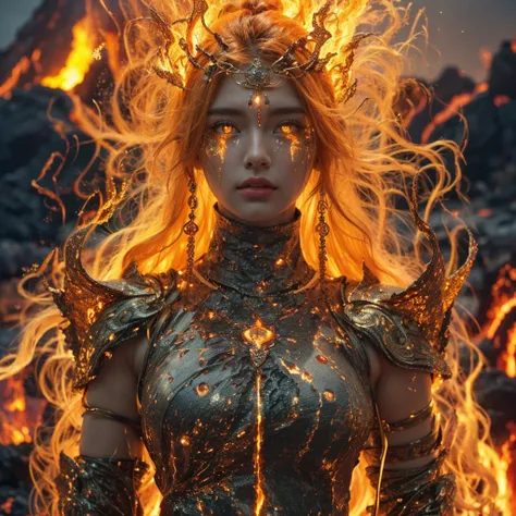 A mystical and awe-inspiring fire goddess with flowing, fiery hair that glows like molten lava, adorned with radiant ember-like ornaments. She wears an intricate armor-like gown forged from molten metals and glowing gemstones, radiating intense heat and li...