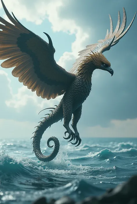 Now create a fusion of the seahorse and eagle, merging their characteristics, becoming a single ferocious creature.. Keep the scenario 