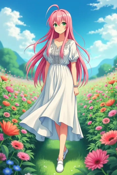 Sakura Haruno Beautiful sexy anime woman with long straight pink hair sexy bohemian dress , white shoes green eyes in a field of flowers , Full body anime style 