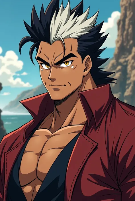  Create an anime-style image

Age :40 years

Genre :masculine

Appearance :  brown skin color,  white hair on the bottom and black on top ,  golden eyes, with a,  golden eyes,  muscular physique and a scar on the right eyebrow

Personality: proud and rude 