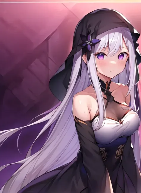 (masterpiece:1.2,  Quality Best :1.2),  1 girl at home ,  unique , White hair, 在左边的✳发夹 , Long straight hairstyle , Dark purple eyes，  black clothes ， is surrounded by black gas