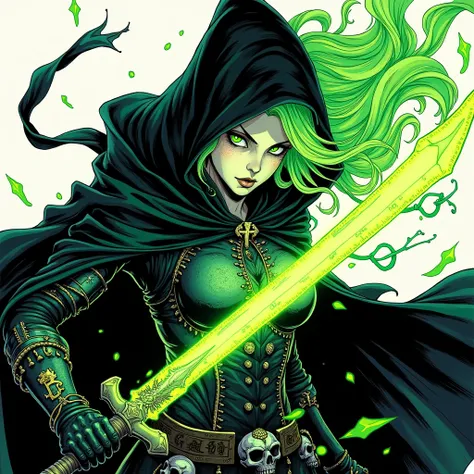 A mysterious female warrior illustrated in a Japanese manga comic style, featuring bold ink lines, dynamic shading, and dramatic contrasts. She wears a dark, hooded cloak adorned with intricate gothic designs, with her glowing neon-green hair flowing wildl...