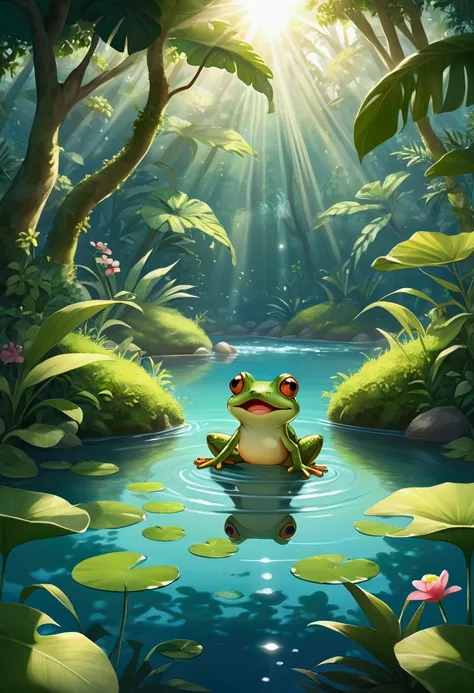 A tranquil tropical lagoon ,  surrounded by lush green plants ,  with a cute little frog called Caco dancing happily at the waters edge.  Caco is bouncing gracefully ,  moving their paws to the rhythm of the music and spinning on the leaves .  The surround...