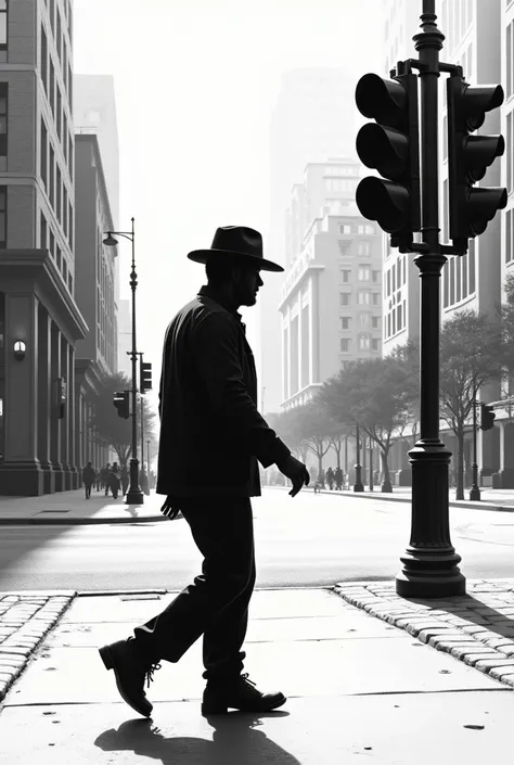  A silhouette of a man wearing a hat ,  walking diagonally to the right , schematically drawn ,  like the doll of a traffic light for pedestrians . behind,  on the left a street and a row of tall buildings ,  also drawn in sketch ,  just the rectangles of ...