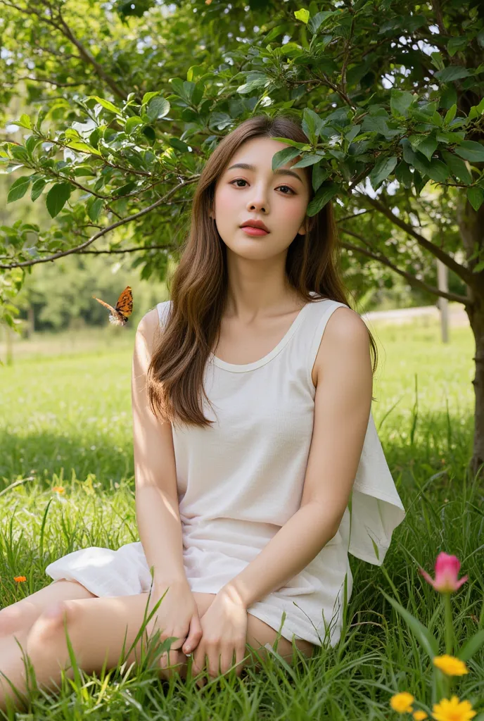 a peaceful countryside scene, a girl sitting under a tree, detailed face and eyes, long flowing hair, sunlit meadow, lush greene...