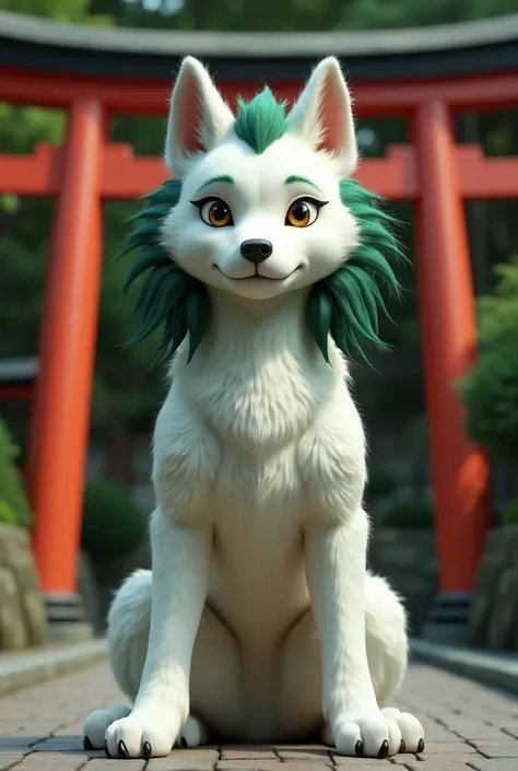  mascot、torii、 white fur and dark green hair、dog