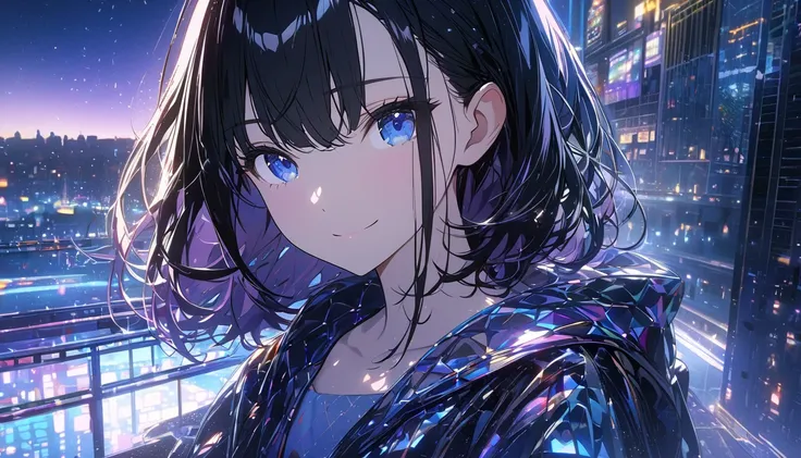 one girl,black hair and bob hair、beautiful blue eyes、smile、gentle smile on her face、flat chest, one Beautiful girl,((masterpiece, illustration, best quality) ((ultra-detailed)), a girl wearing sunglasses (sunglasses), Behind is the cityscape in the evening...