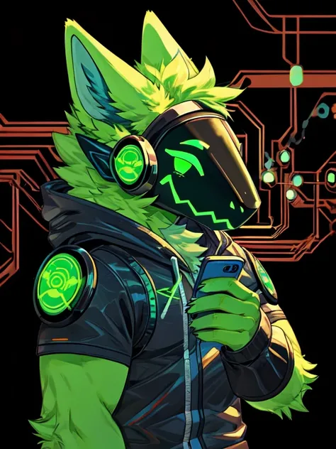 background for phone, black circuitry with green outlines, a protogen visor logo on some circuitry