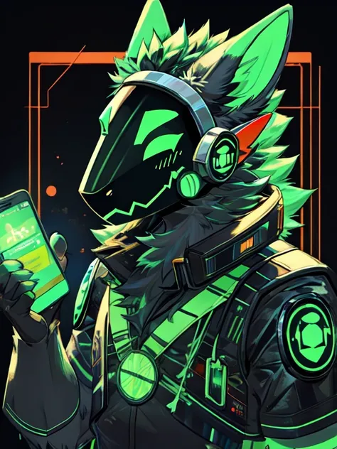 background for phone, black circuitry with green outlines, a protogen visor logo on some circuitry