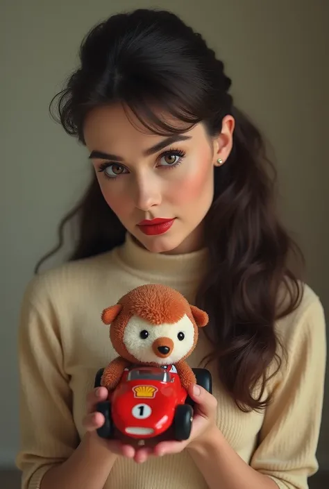 long haired, Audrey Hepburn holding f1 branded bucees plush , not looking at camera lens