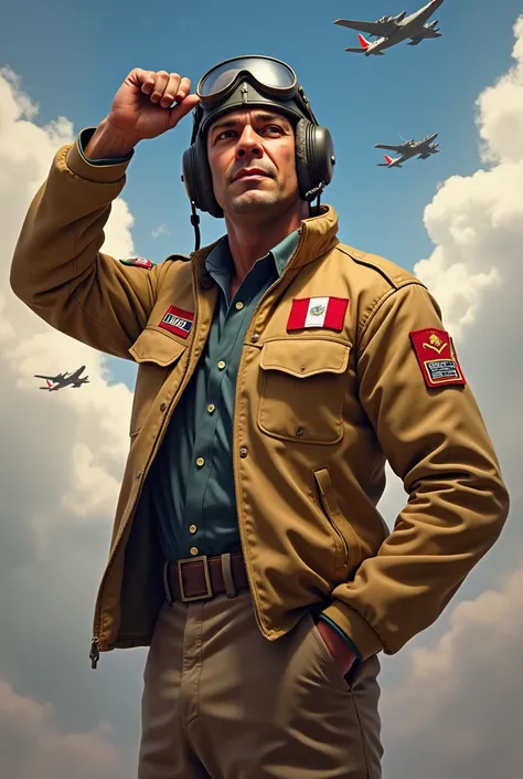  José Abelado Quiñones dressed as
 Peruvian Air Force pilots uniform,  with an aviator helmet and goggles over his forehead .  He wears a flying jacket with the flag of the air squadron . His pose is heroic ,  with one hand raised to the sky and a backgrou...