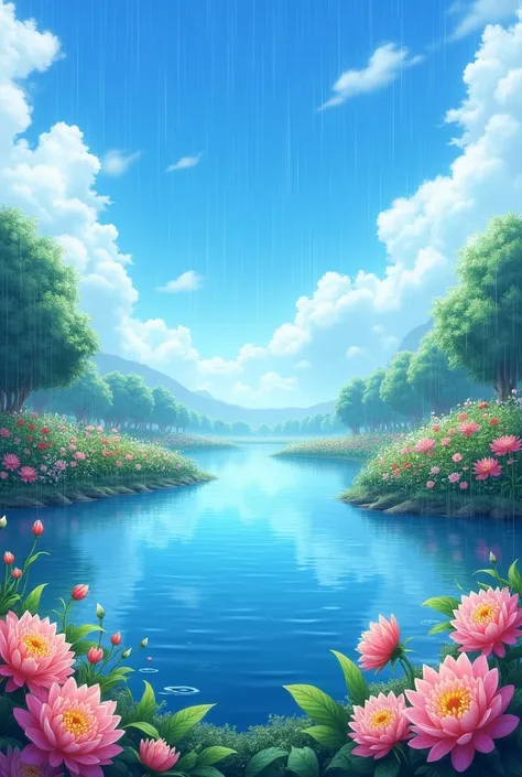 scenery view, blue sky, rain, flowery pond