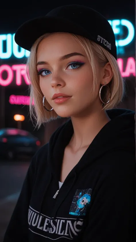 Close do rosto, skater girl, blue eyes, hoodie,  neon light reflections on the skin, earring, makeup, skin imperfection,  short hair, hat, Neon lights and graffiti background, low light,  depth of field , highly detailed,  high contrast , film grain, Hoop ...