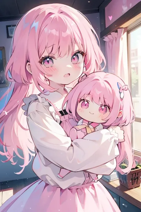 A pink-haired girl with pink eyes is hugging a single doll, a cute horizontal style dress, a pink skirt, a bright smile