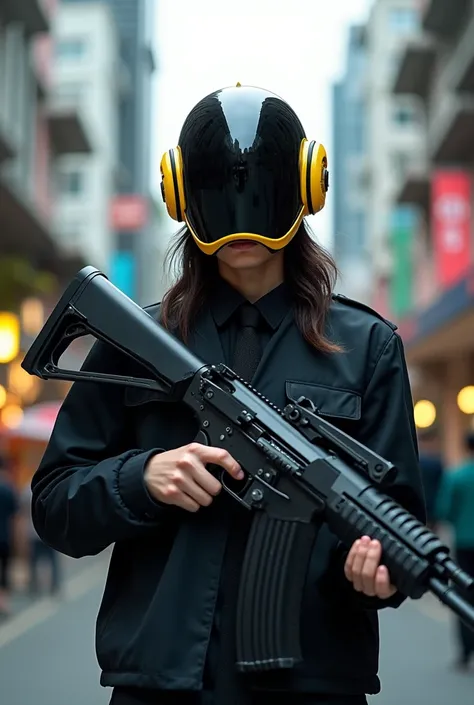 (photorealism:1.2), The masterpiece, "An Indonesian man hides his face behind a futuristic Daft Punk helmet in shiny black with yellow accents. he is in student uniform holding an AK47 rifle, long hair, slim athletic body, detailed texture, proud Indonesia...