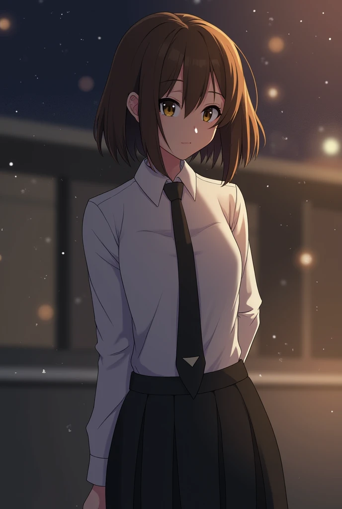 woman,beautiful,From the side,Embarrassed, bob cut from the front, short hair on the side of the uniform,Town,night,nightのTown, Light Shines In ,暗いTown, lighting using airborne particles,髪の毛はBrown Hair,Brown Hair,Brown Hair,Collared blouse,背景Town並み