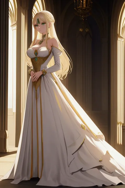 {{%Sincos%}}, solo, female, young woman, slender frame, royal gown, gold and white gown, long hair, platinum-blonde hair, green eyes, regal expression, fantasy, royalty, standing in courtyard, 