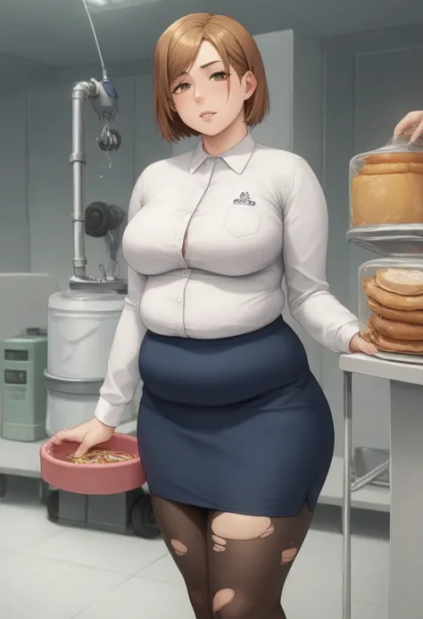 masterpiece,best quality,best details,1 girl,short hair,brown hair,brown eyes,precise fingers,five fingers,tight dress shirt,skirt,torn long black tights,ripped tights,long sleeve,plump,plump body,plump belly,tube,fattening by tube,feeding facility,food fo...