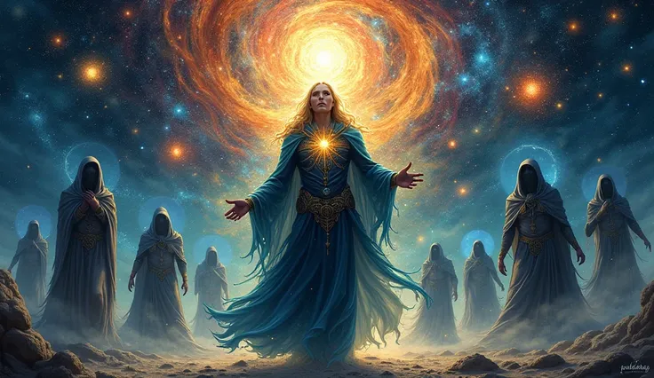 Create a cosmic-themed artwork featuring a central figure with glowing features, embodying wisdom and enlightenment. Surround them with mysterious hooded figures and ethereal beings, each representing different elements of mysticism and power. Incorporate ...