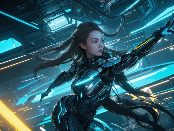 The image features a strong female character in a sleek, metallic exosuit that reflects the surrounding environment, enhancing her commanding presence. Her braided hair, resembling flowing liquid silver, cascades down her shoulders, contrasting with the ha...