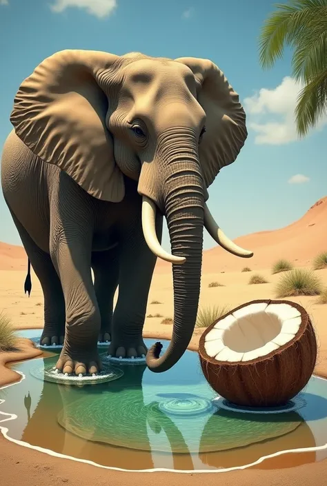 "A majestic elephant drinks from a sparkling oasis in the middle of a desert. Beside it rests a colossal coconut split open, its white flesh glistening under the sun. The text Elephant + Coconut adds to the fantastical charm of the scene."