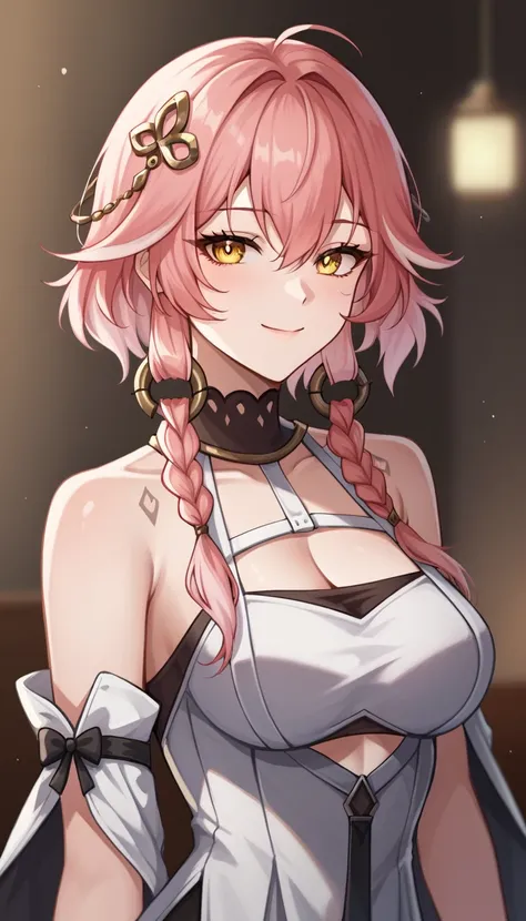 score_10,score_9_up,score_8_up,score_7_up,changli-wuwa, 1girl, solo, breasts, pink hair, smile, yellow eyes, looking at viewer, cleavage, braid, upper body, bare shoulders, hair between eyes, hair ornament, multicolored hair, bangs, tattoo, white hair, lon...