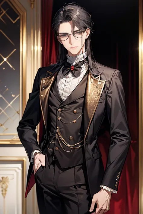 Caspian , 21 years old MEN, in a streat in victorian era, gray eyes with eyeglasses, dark vlack hair jet black and is usually combed to the side with a careless look, falling in soft waves around his face,  Black Victorian suit with red and gold details th...