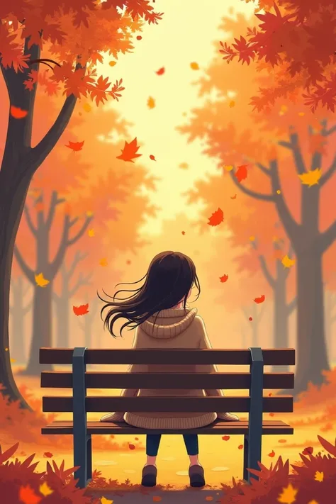 "A 2d flat illustration of a girl sitting on a park bench during autumn. She wears a cozy sweater, with leaves swirling around her. The background shows a simple yet vibrant park scene with warm orange, red, and yellow tones, representing change and reflec...