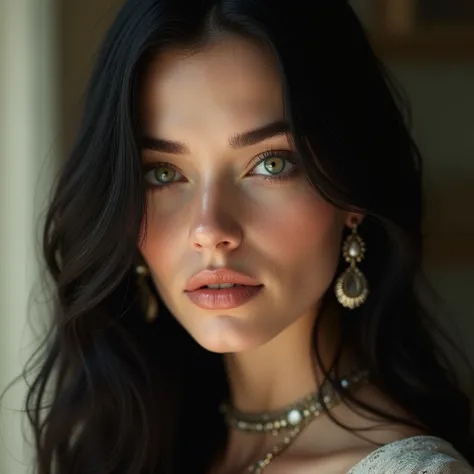 A highly detailed portrait of a woman with porcelain-like pale skin, long jet-black hair, and hazel eyes. Her complexion is smooth and flawless, with a soft, radiant glow. She has high cheekbones, almond-shaped eyes, and delicate facial features, reflectin...