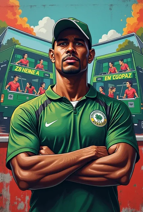  A mural with a dark-skinned trainer with a cap and without a beard with brown eyes, an imposing look that is not muscular ,  who is with their arms crossed and who is wearing green and gray sportswear and that says CLUB DEPORTIVO AUGUSTO ECUAVOLEY, and th...