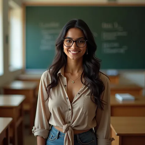 beautiful model woman, 40 years old, indian, grandma, teacher, standing in classroom, smiling, looking at camera, wearing glasses, black hair, tight shirt, large breasts, showing top cleavage 