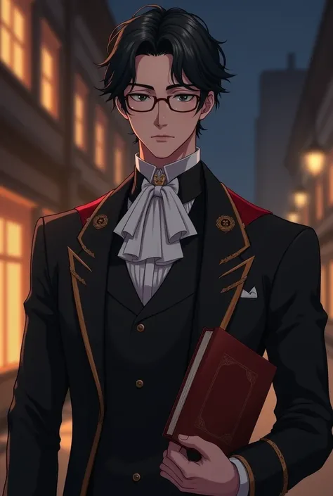 Caspian , 21 years old MEN, in a streat in victorian era, gray eyes with eyeglasses, dark vlack hair jet black and is usually combed to the side with a careless look, falling in soft waves around his face,  Black Victorian suit with red and gold details th...