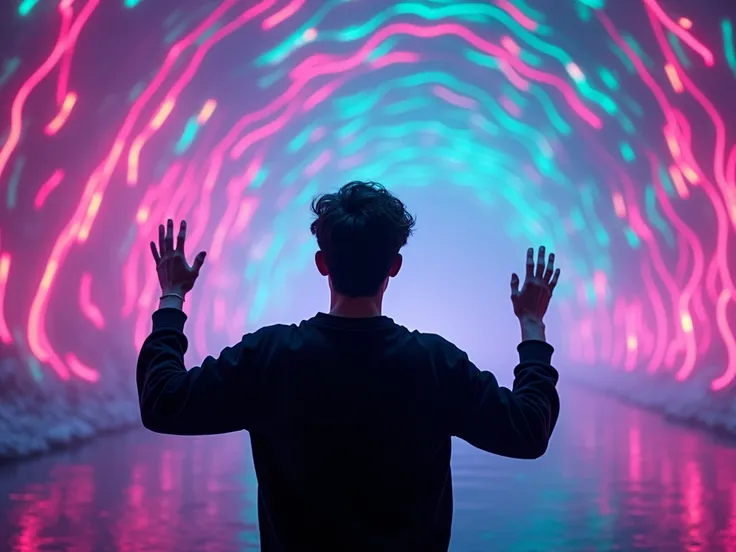 young man in a black sweatshirt with his hands up watching a landscape psychedelic sound waves with neon lights