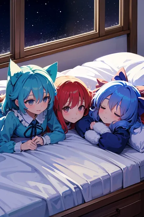 Cirnos Group (Touhou) On a cold, snowy winter night, Cirno and her fellow characters (touhou) from the Touhou Project are sleeping in a cute bed surrounded by cute thoroughbred stuffed animals in Cirnos cute room, which is filled with cute thoroughbred stu...