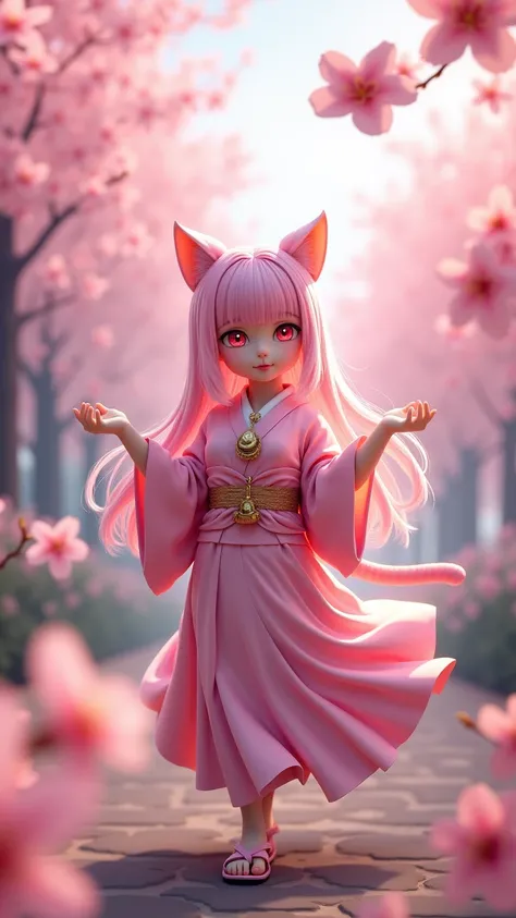  Masterpiece Original Creator, Sakura Garden ， Ultimate Cat Girl ,  Cute Cat Girl , Bangs, long pink hair, Bell Jewelry ,  bright eyes ，Pink Witch Kimono ，  Bell Jewelry ， shooting，3D Rendering, 8k