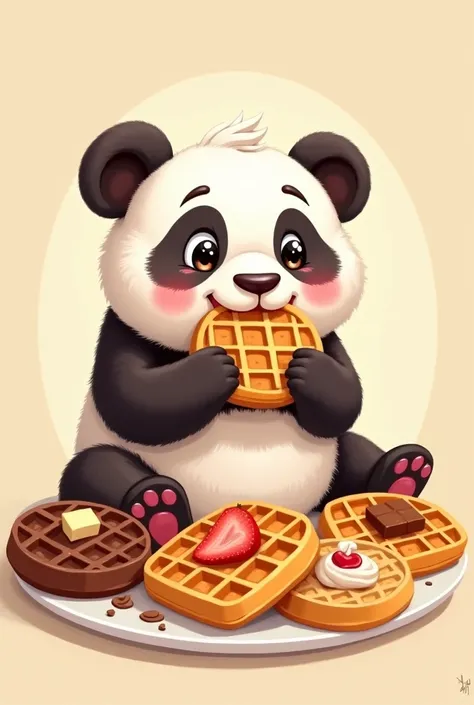  the image of an animated panda with waffles of different flavors with a smooth background