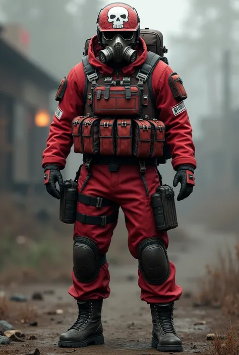 Create an H1Z1 character wearing a warden red tactical helmet with a white h1z1 skull,  warden red jacket, warden red tactical backpack, warden red boots, warden red pants, warden red gloves, metal full face respirator, warden red tactical armor