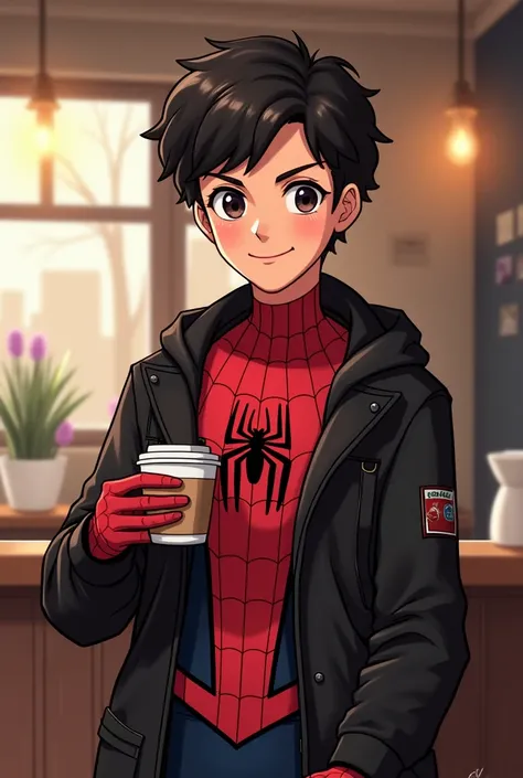 Peter Parker using costume spider man, with Black clothes, smiling, drawn style, Full body, curly Black hair, looking front of camera, hold coffee cup, scenario is coffee shop