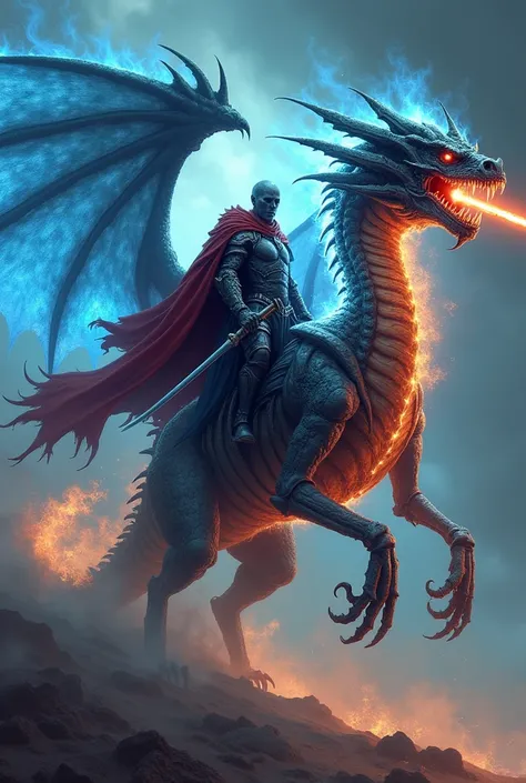 skeletal dragon with blue and orange flames coming out of the body and a dark knight riding on it the rider is wearing a giant red cape and holding a sword that is emitting red rays the dragons syrup looks like a sickle that cuts through the wind