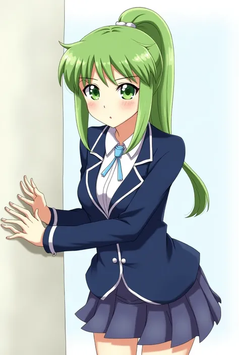 Lindy Harlaown，( Puella Magical Nanoha)，Emerald Hair，Long Hair，  ponytail，Green Eyes:1.3，  navy blue suit，  short tight skirt ，  white blouse ， has its hands on the wall， shy，Sticking out tongue