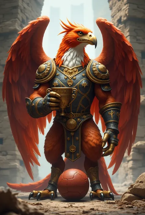 an ancient griffin with 3 colors red, white and orange standing upright wearing royal armor holding a cup and stepping on a football