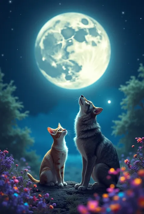  A cat and a wolf looking at the moon on the letters ( flavor and art under the moon ).
 