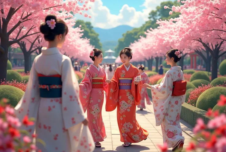  flower festival enjoying the beauty of their surroundings
Please write about how Japanese women participate in flower festivals, Wearing traditional kimono、Japanese women attending the .