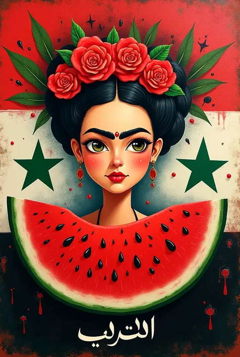 Can u help generate a draw of a viva la vida replica Muslim version 
	1.	Central Symbol: A watermelon, like in Viva la Vida, symbolizing life and identity.
	2.	Cultural Identity: Incorporate Syrian flag colors (red, white, black, green) into the background...