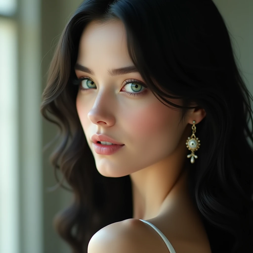 A highly detailed portrait of a woman with porcelain-like pale skin, long jet-black hair, and blue eyes. Her complexion is smooth and flawless, with a soft, radiant glow. She has high cheekbones, almond-shaped eyes, and delicate facial features, reflecting...